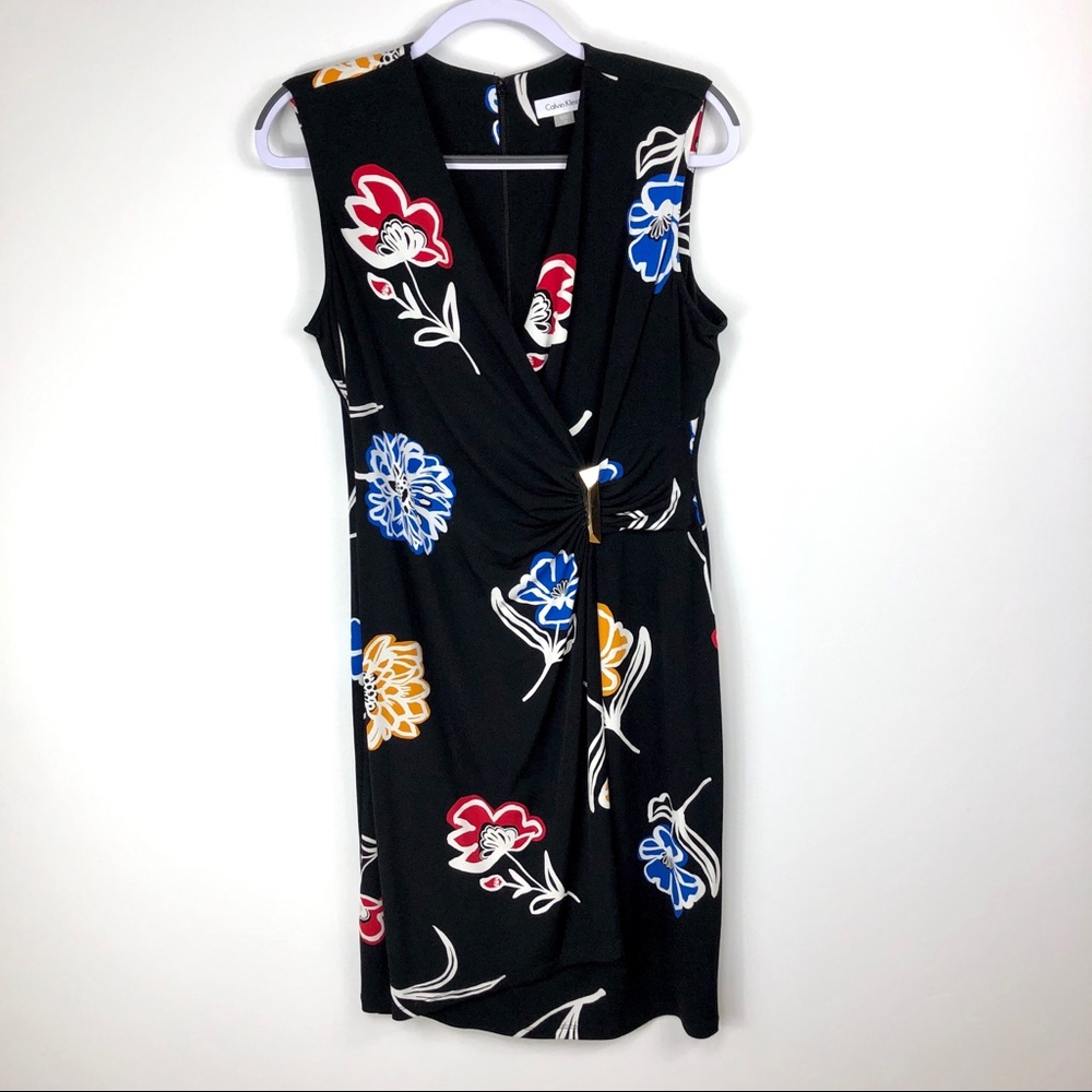 Calvin‎ Klein Black Floral faux wrap midi dress